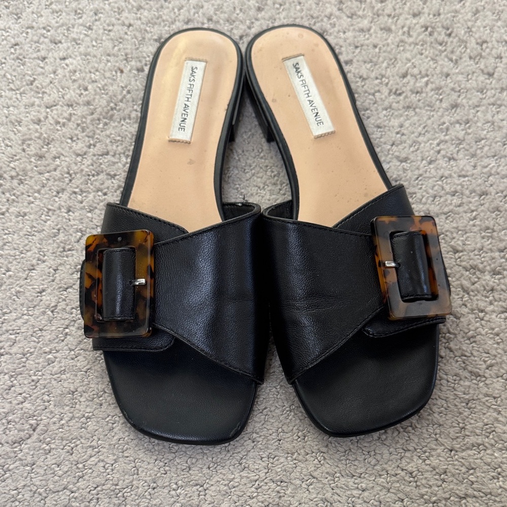 Saks Fifth Avenue Black Mules with Tortoise Accent